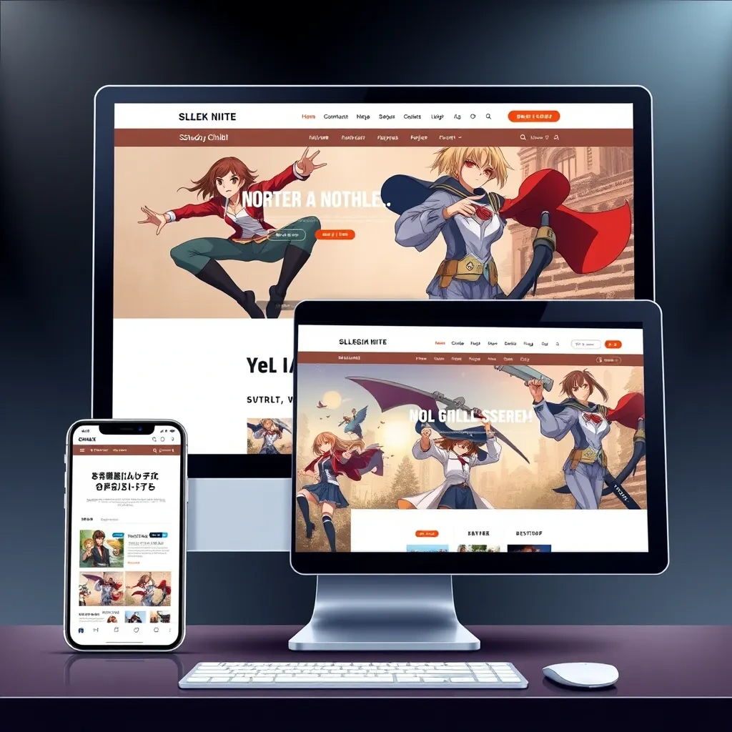 A split-screen image showcasing a website on a laptop, tablet, and smartphone, each displaying the same content with a responsive layout that adapts perfectly to the screen size. The website should be visually appealing and engaging, with clear calls to action.